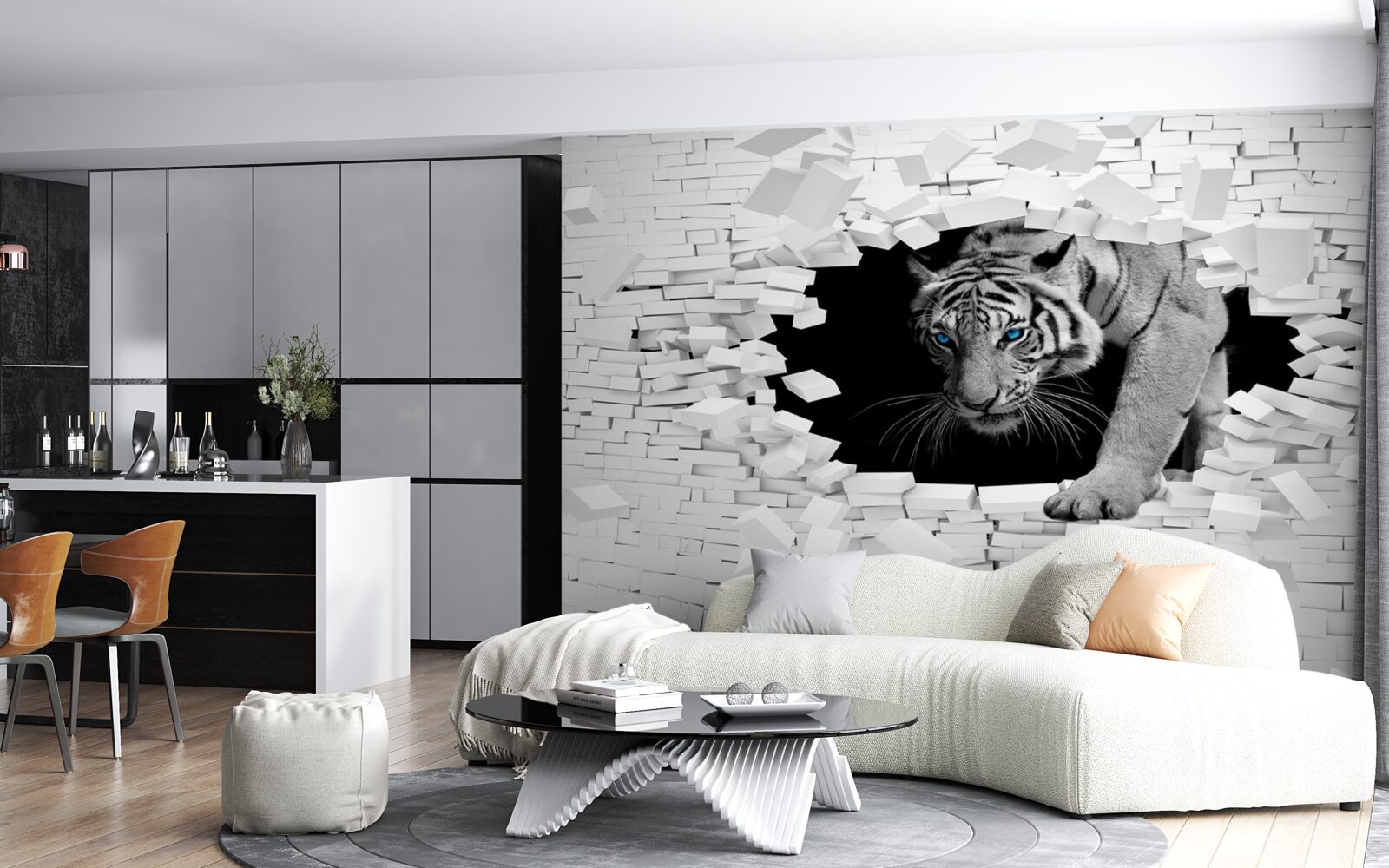 Fototapet tigrul distruge zidul de cărămidă