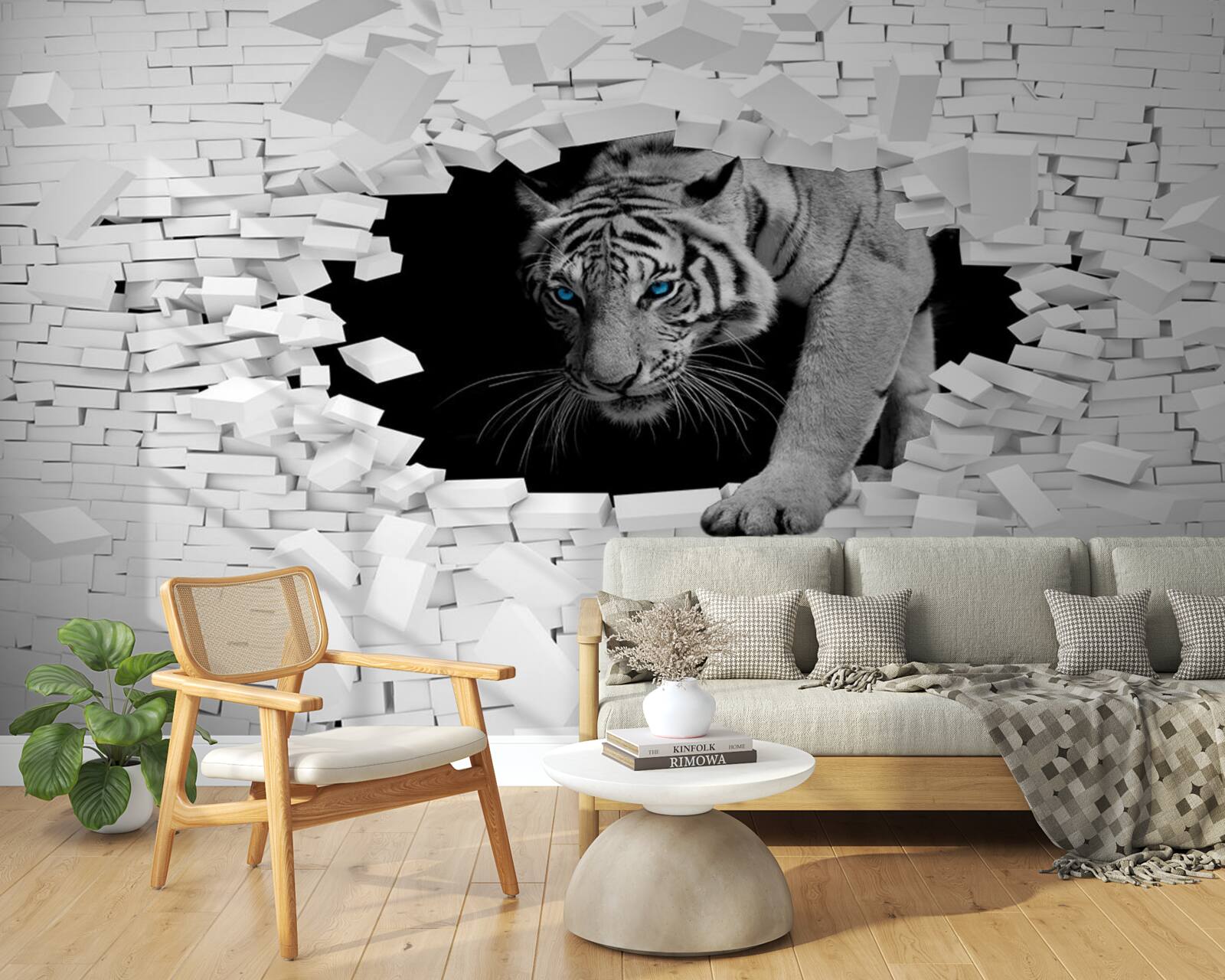 Fototapet tigrul distruge zidul de cărămidă