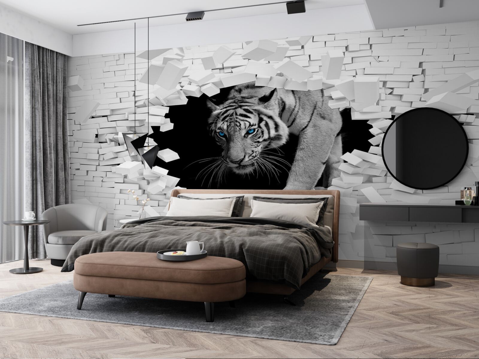 Fototapet tigrul distruge zidul de cărămidă