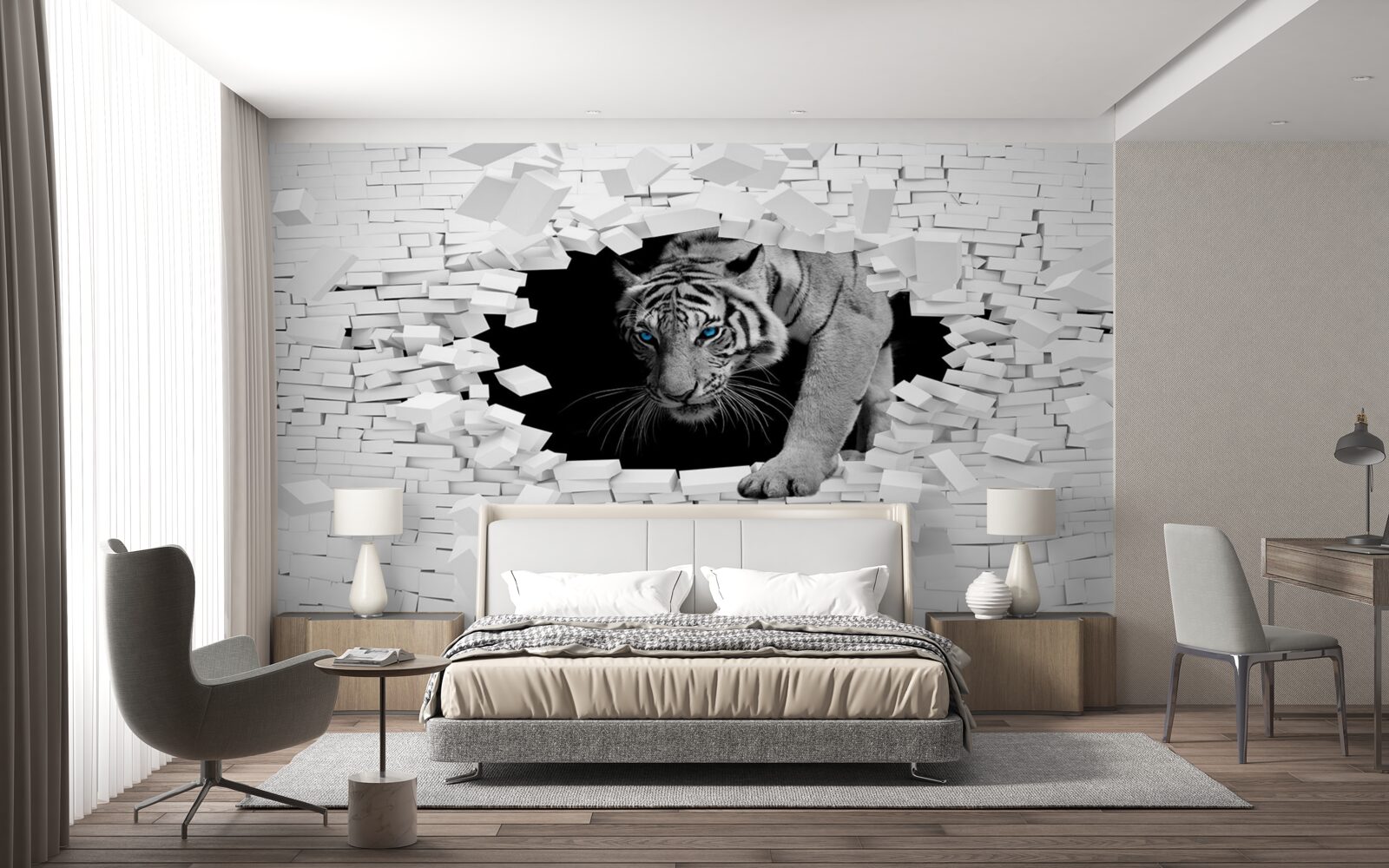 Fototapet tigrul distruge zidul de cărămidă