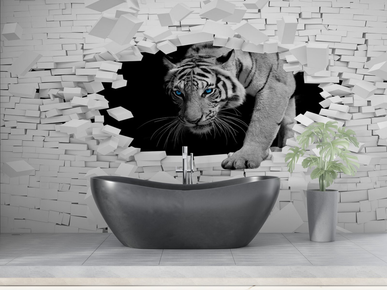 Fototapet tigrul distruge zidul de cărămidă