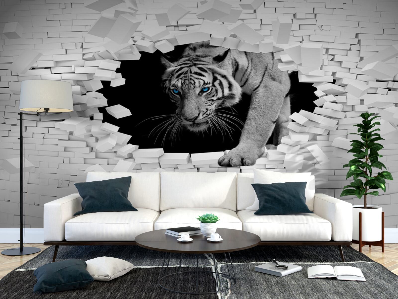 Fototapet tigrul distruge zidul de cărămidă