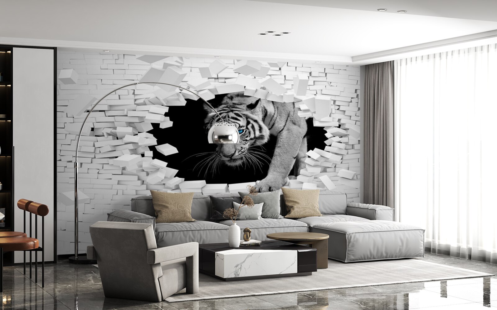 Fototapet tigrul distruge zidul de cărămidă