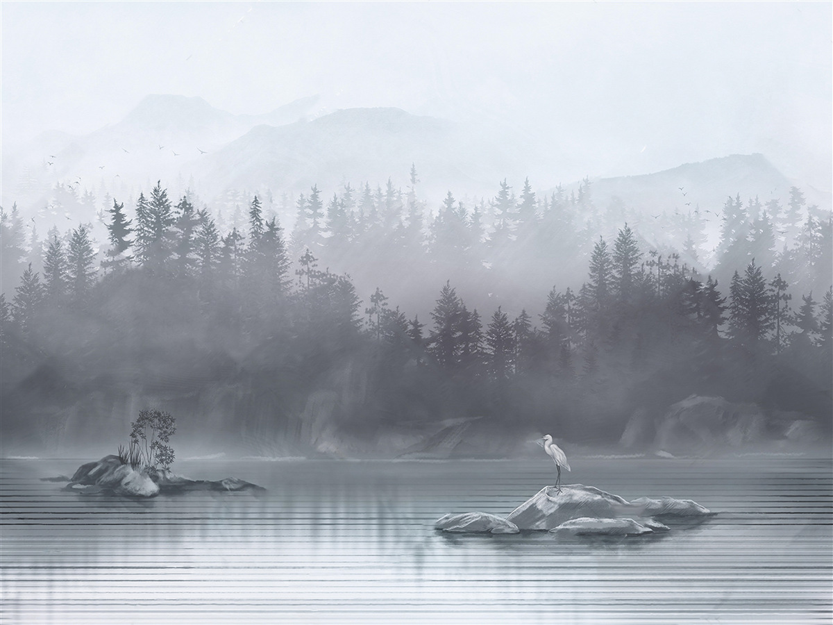 Fototapet Cocorul trăiește singur pe o stâncă în mijlocul unui lac