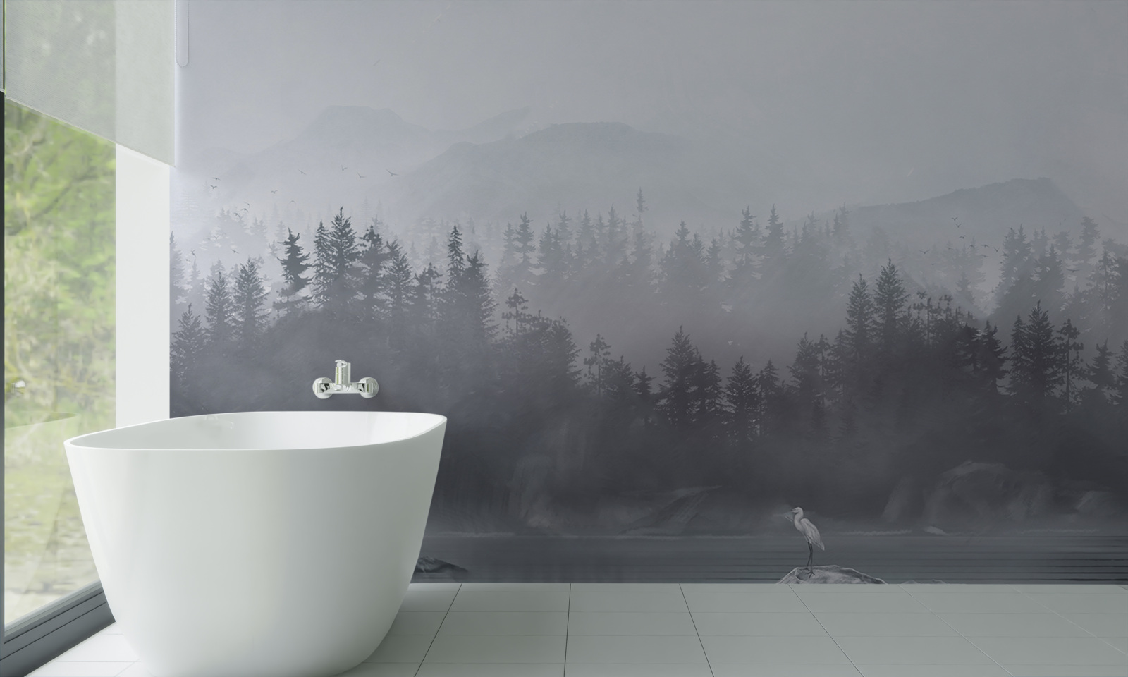 Fototapet Cocorul trăiește singur pe o stâncă în mijlocul unui lac