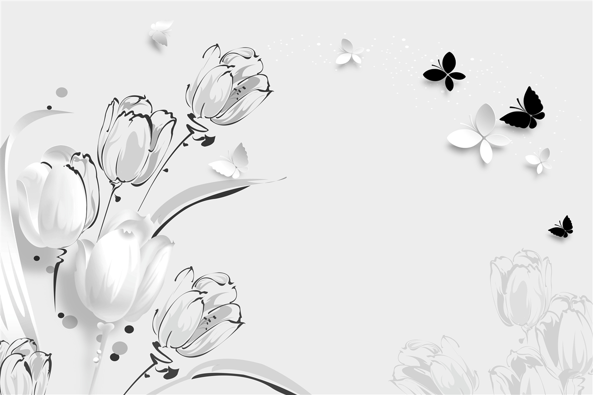 Fototapet Lalele albe ca zăpada și fluturi