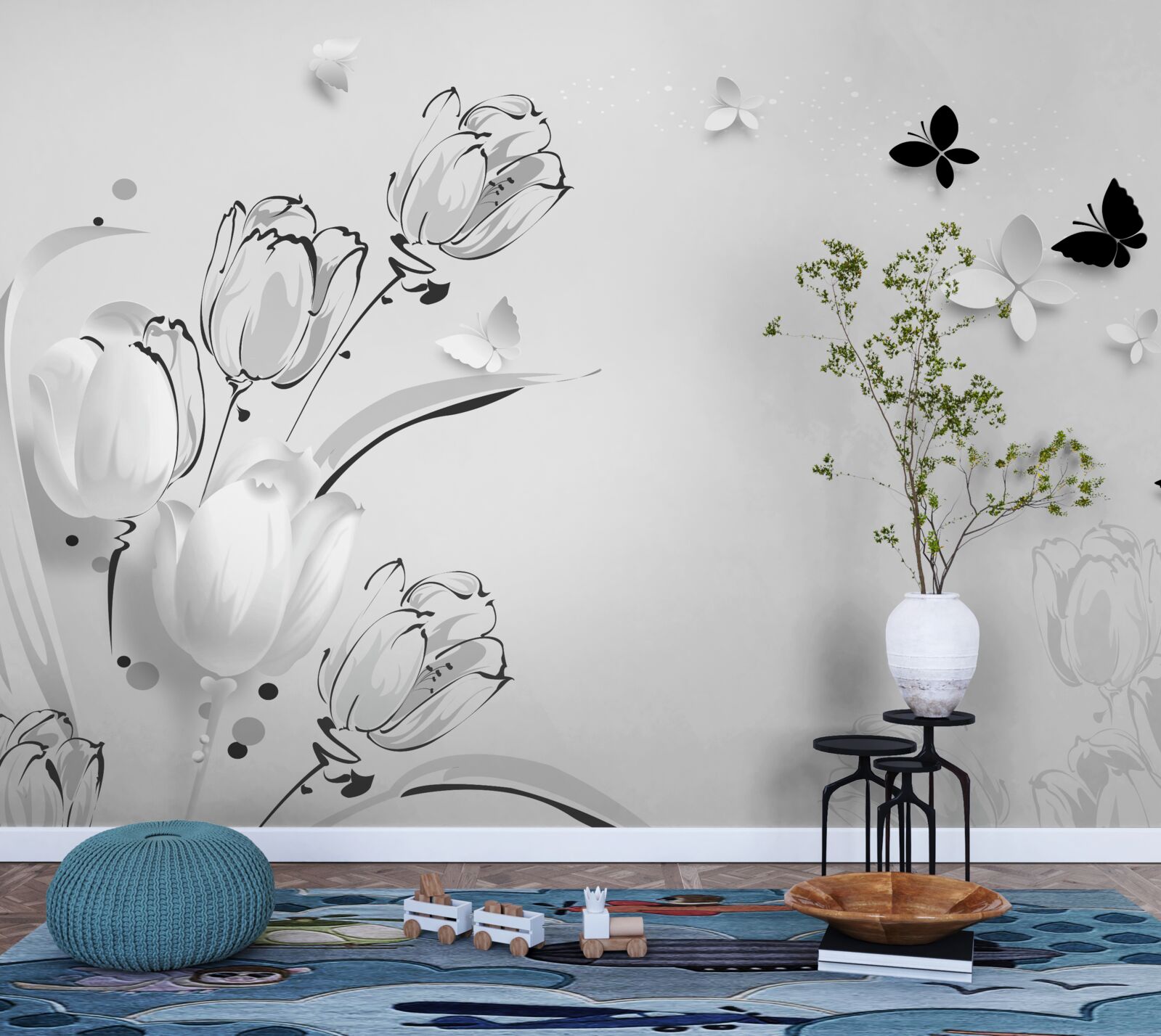 Fototapet Lalele albe ca zăpada și fluturi