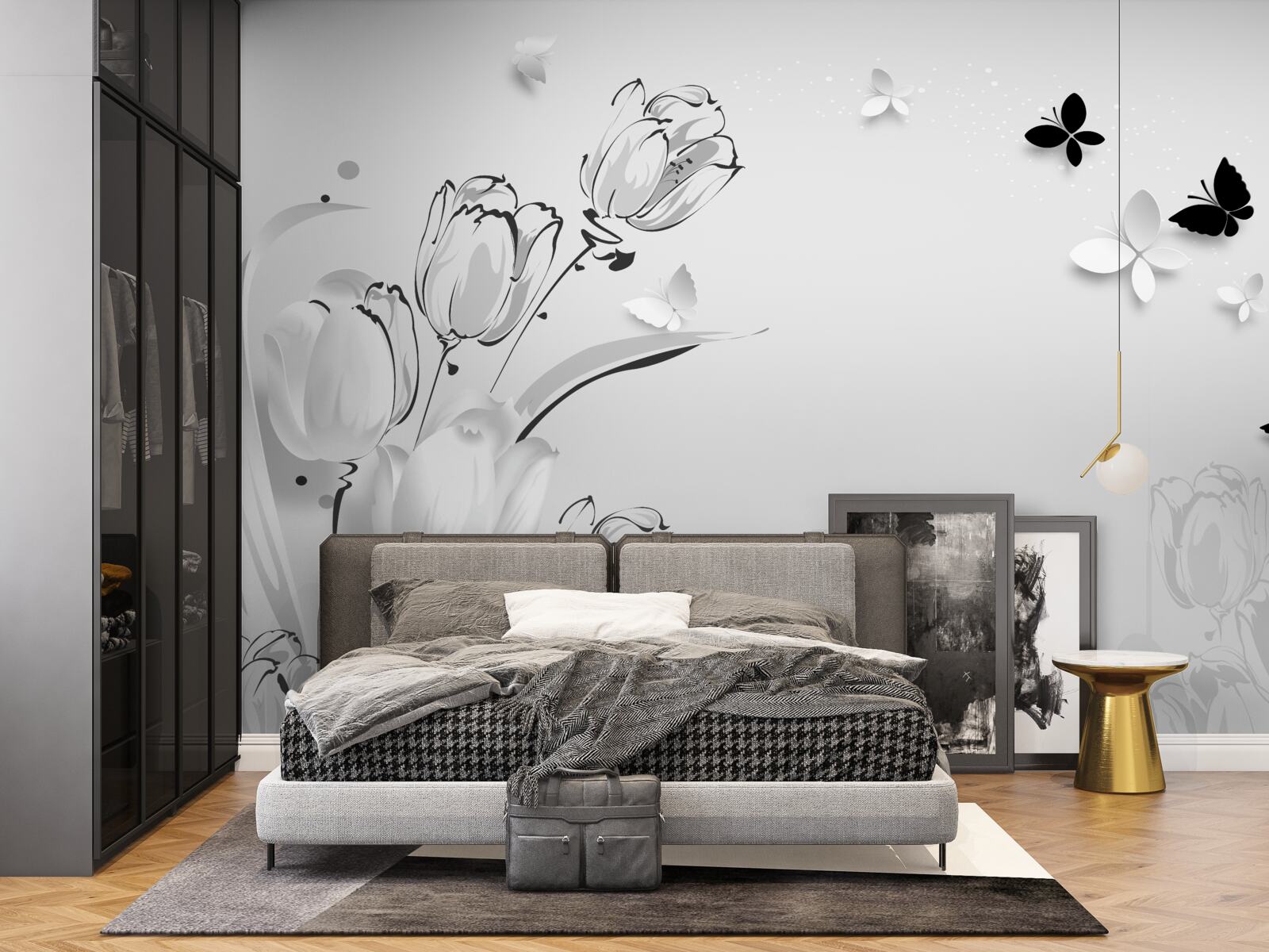 Fototapet Lalele albe ca zăpada și fluturi