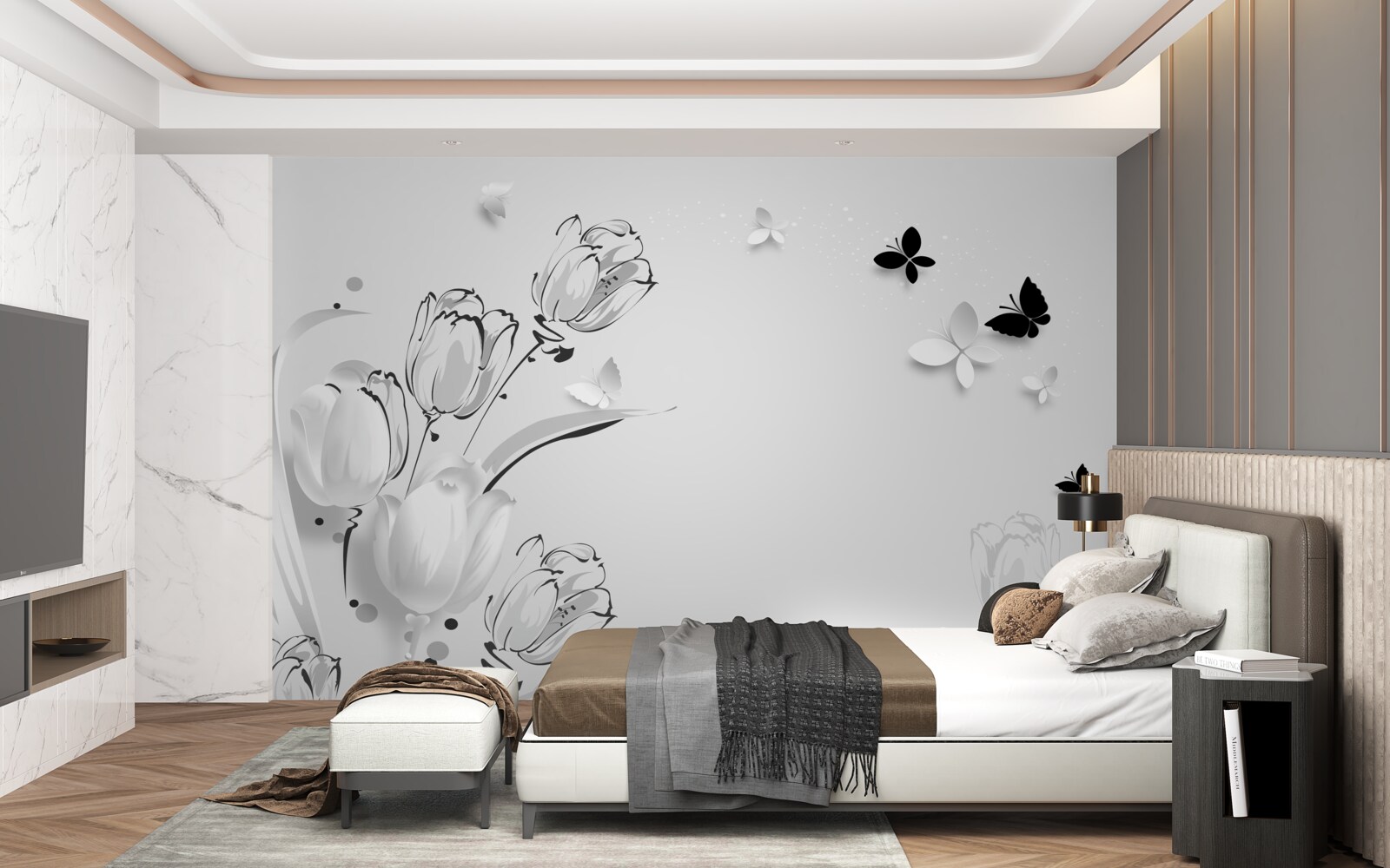 Fototapet Lalele albe ca zăpada și fluturi