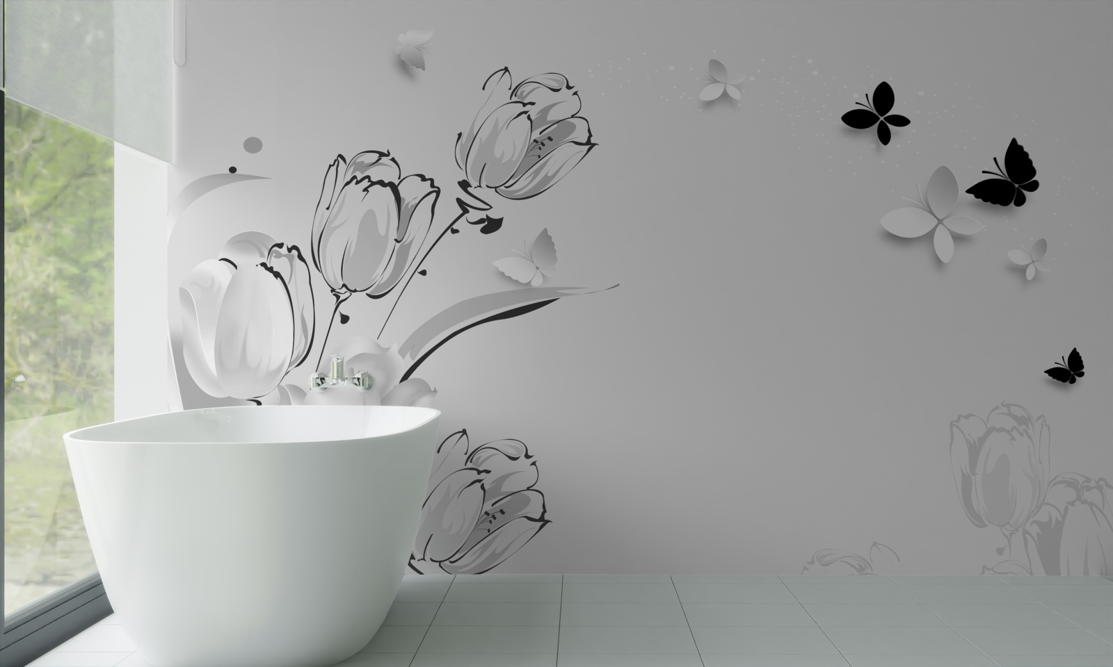 Fototapet Lalele albe ca zăpada și fluturi