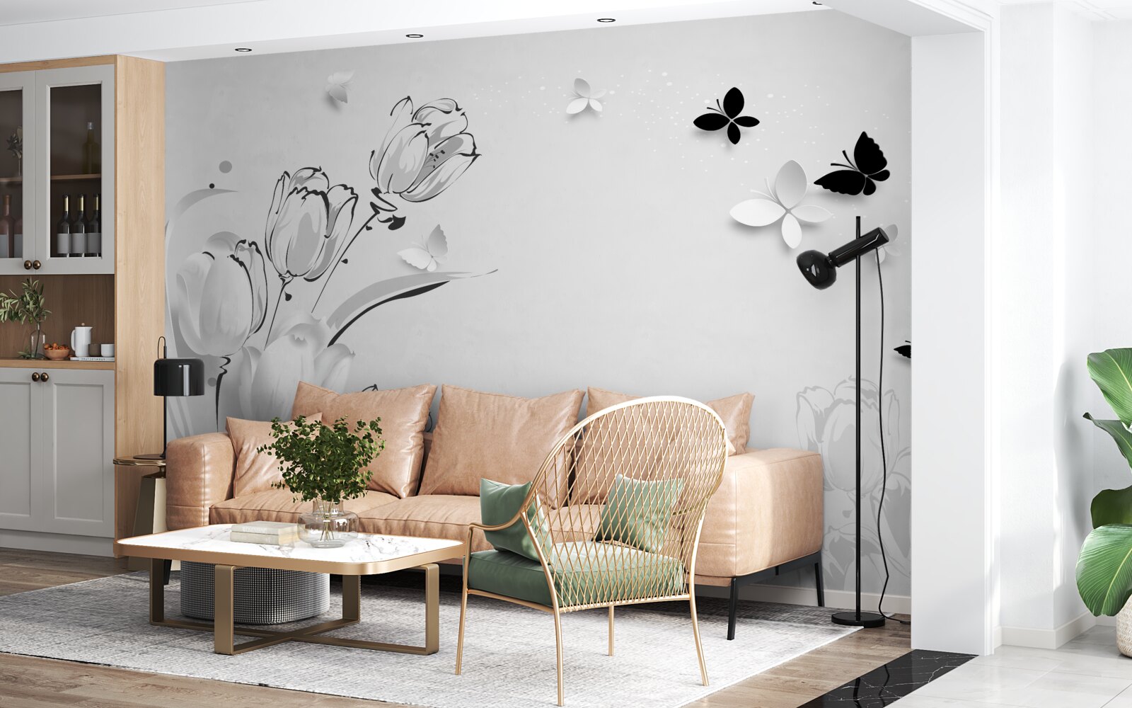 Fototapet Lalele albe ca zăpada și fluturi