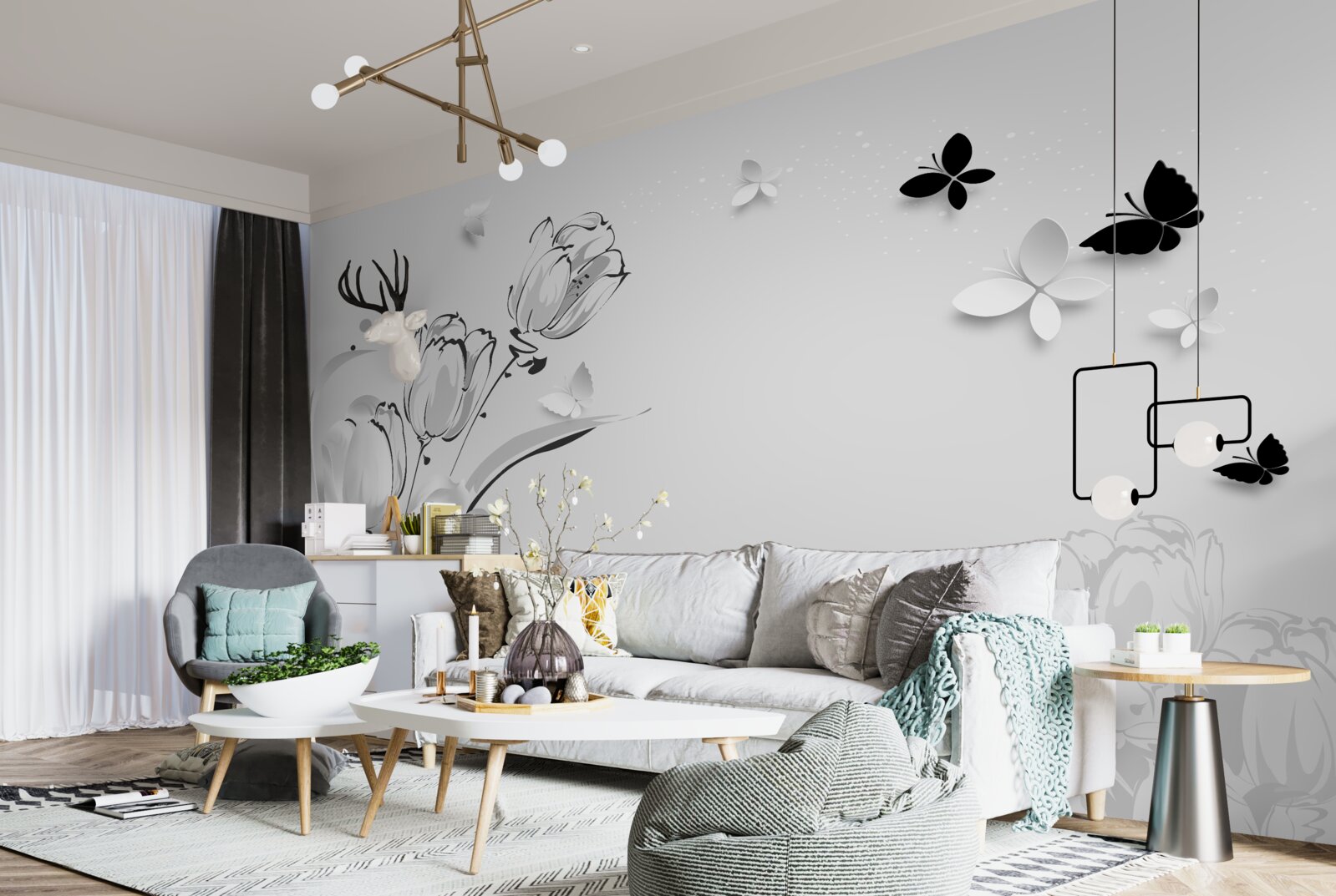 Fototapet Lalele albe ca zăpada și fluturi