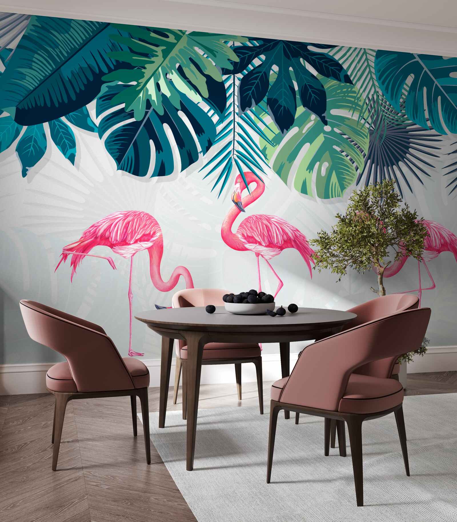 Fototapet vegetație tropicală și păsări flamingo roz