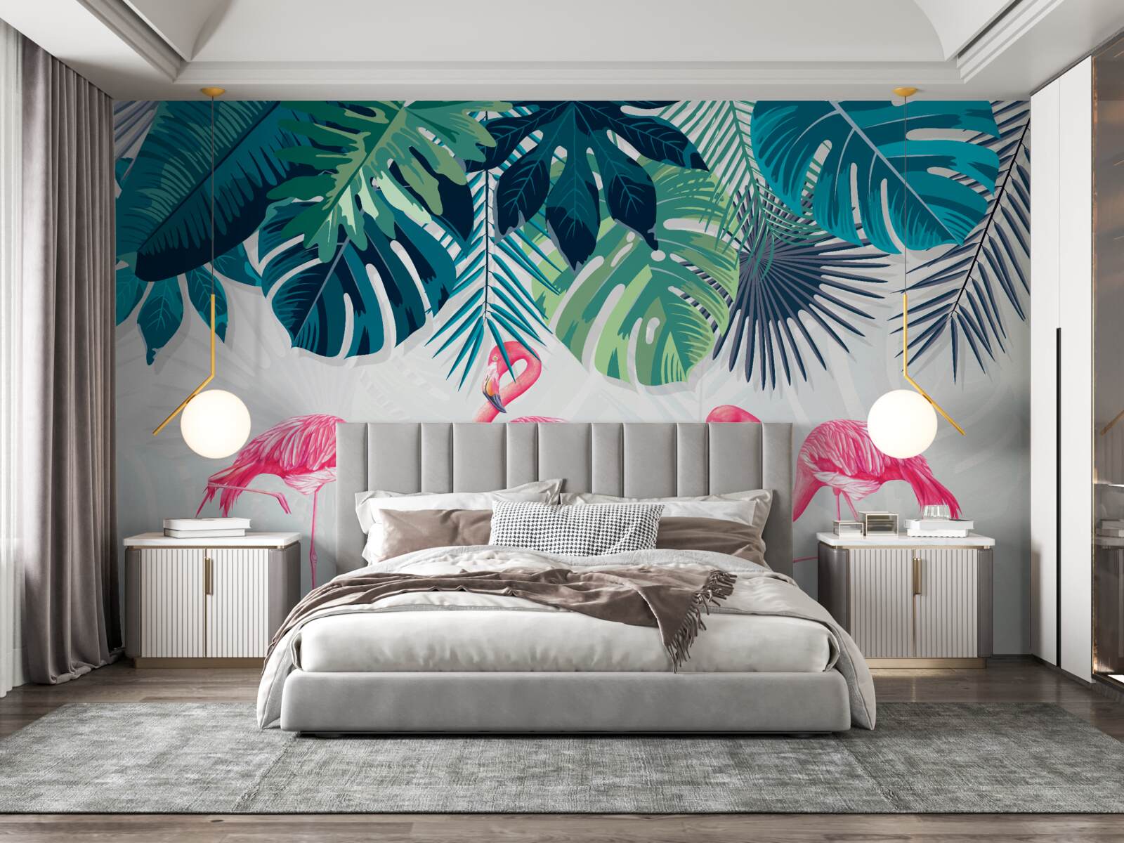 Fototapet vegetație tropicală și păsări flamingo roz