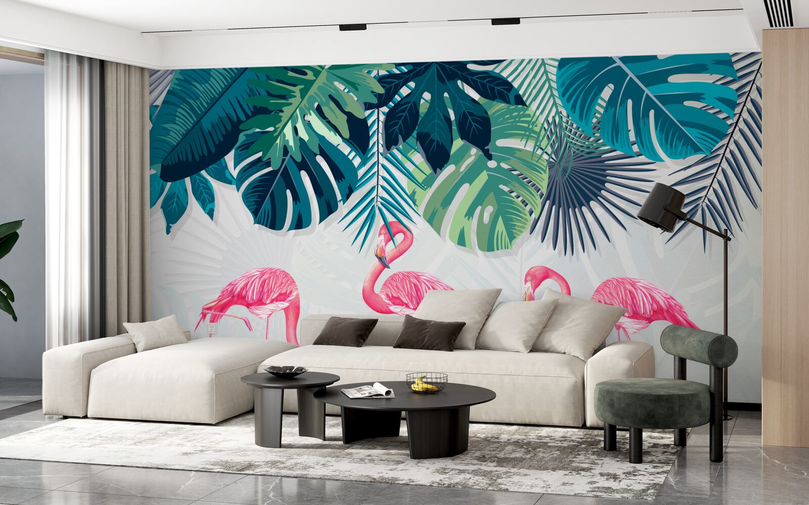 Fototapet vegetație tropicală și păsări flamingo roz