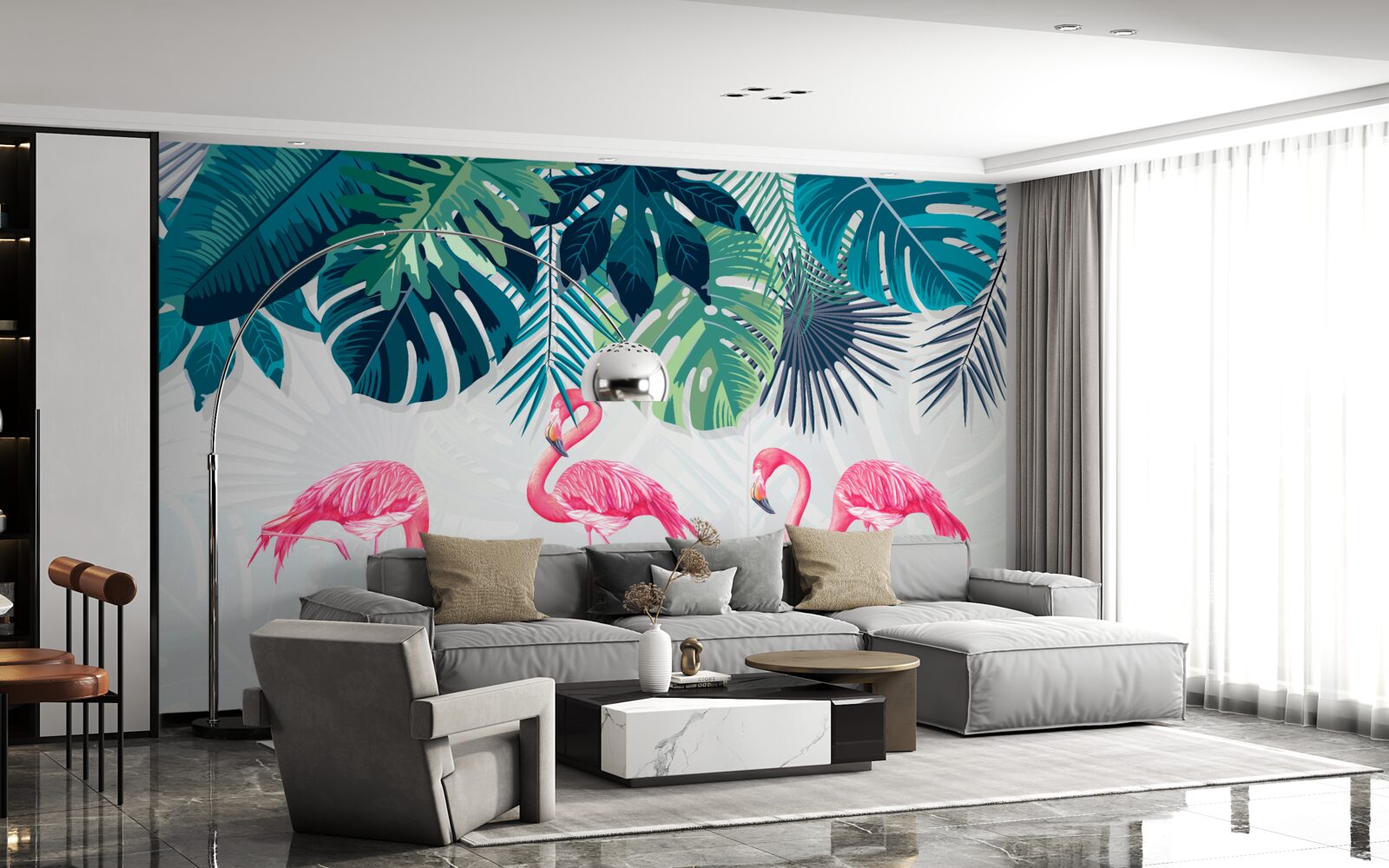 Fototapet vegetație tropicală și păsări flamingo roz