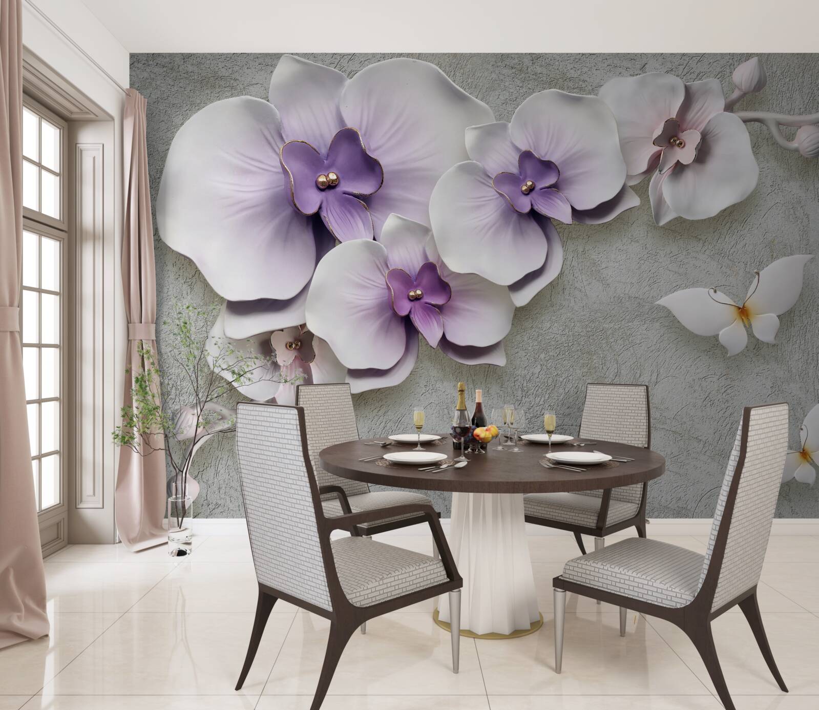 Fototapet crini mari mov și un fluture alb ca zăpada