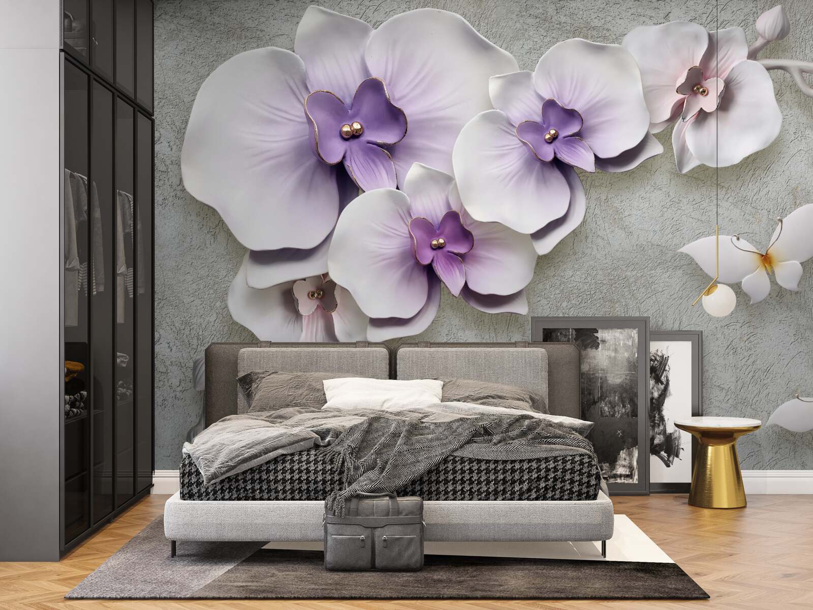 Fototapet crini mari mov și un fluture alb ca zăpada