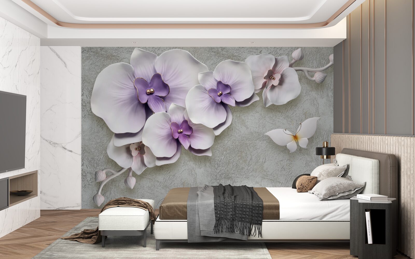 Fototapet crini mari mov și un fluture alb ca zăpada