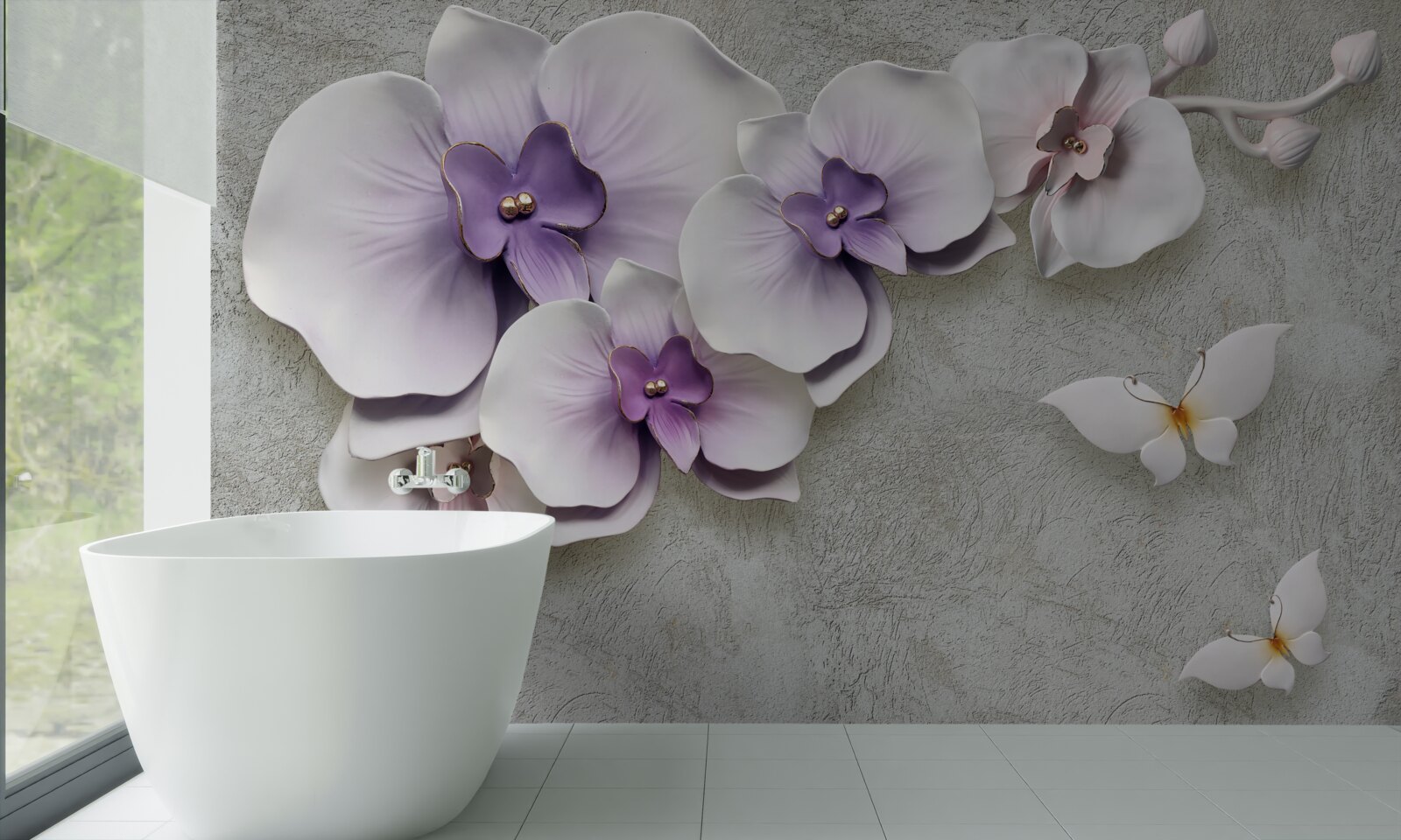 Fototapet crini mari mov și un fluture alb ca zăpada