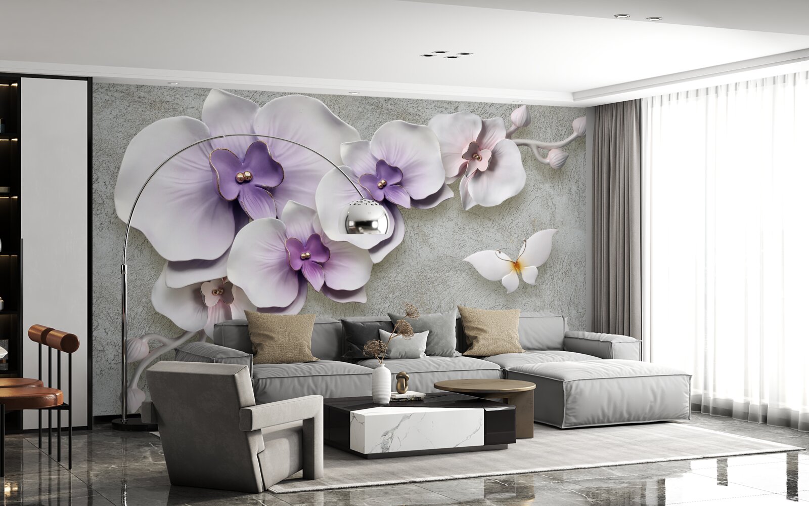 Fototapet crini mari mov și un fluture alb ca zăpada