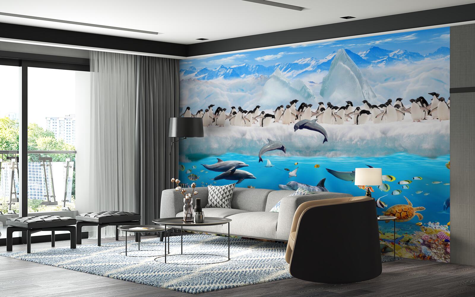 Fototapet delfinii și pinguinii trăiesc în recifele de corali