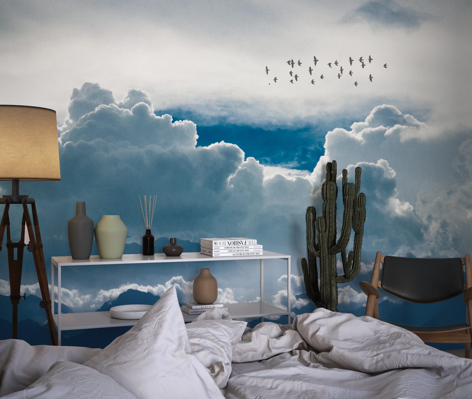 Fototapet grup de păsări deasupra norilor groși