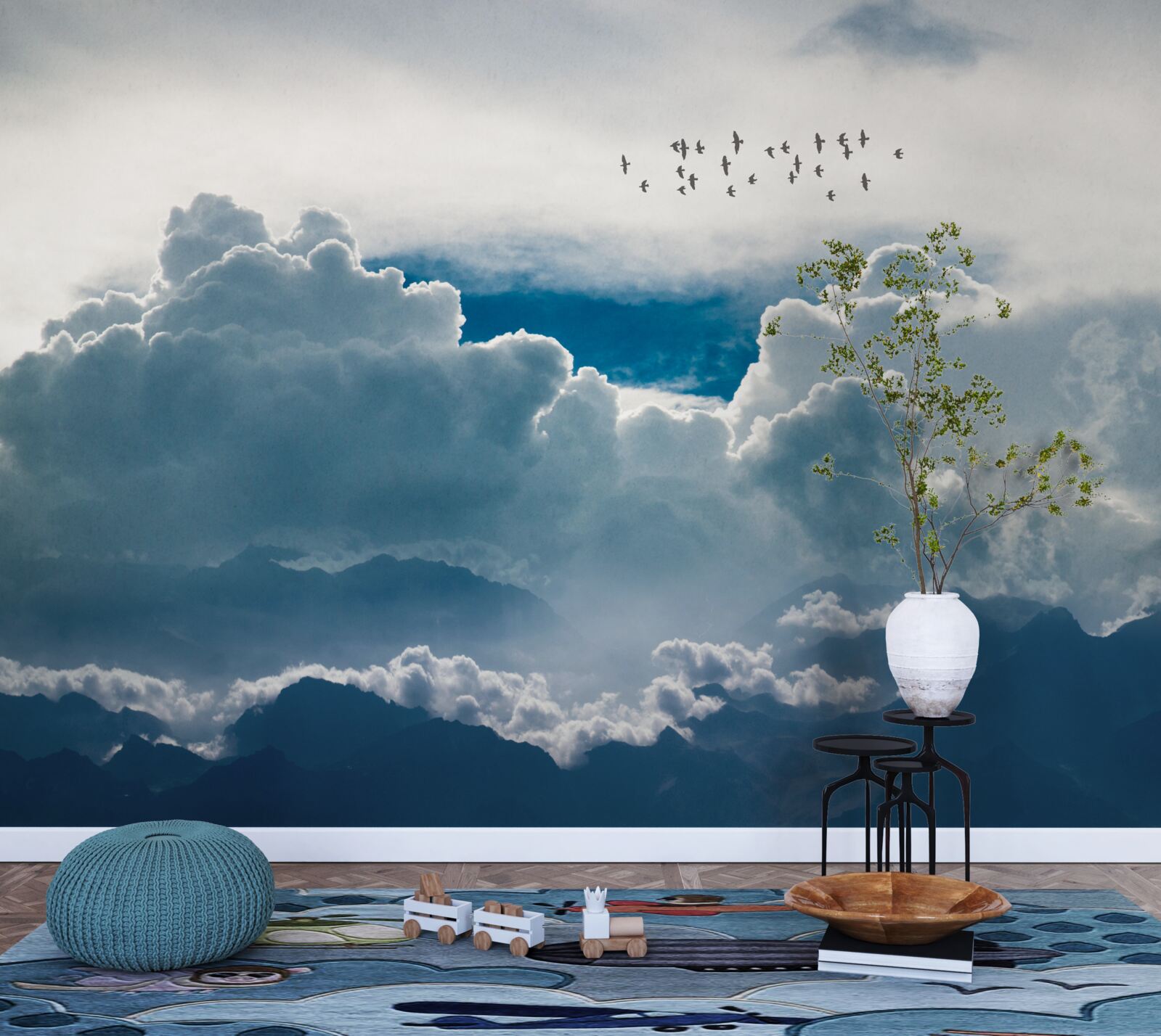 Fototapet grup de păsări deasupra norilor groși