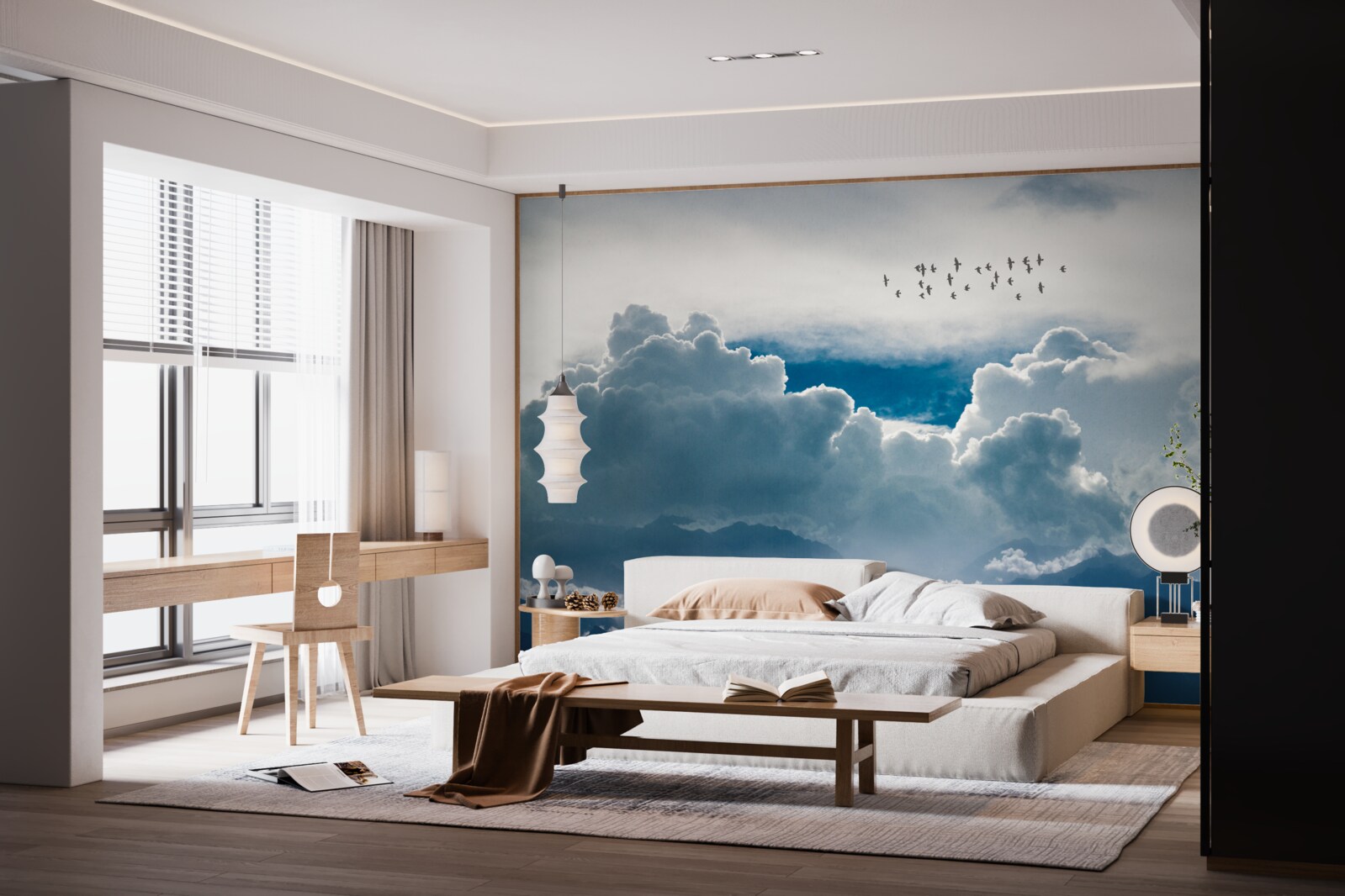 Fototapet grup de păsări deasupra norilor groși