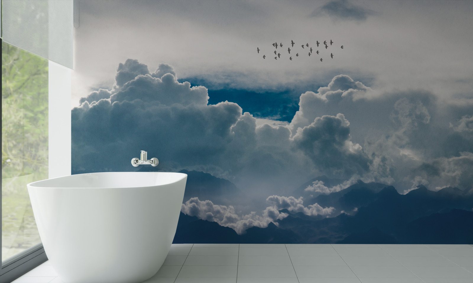 Fototapet grup de păsări deasupra norilor groși