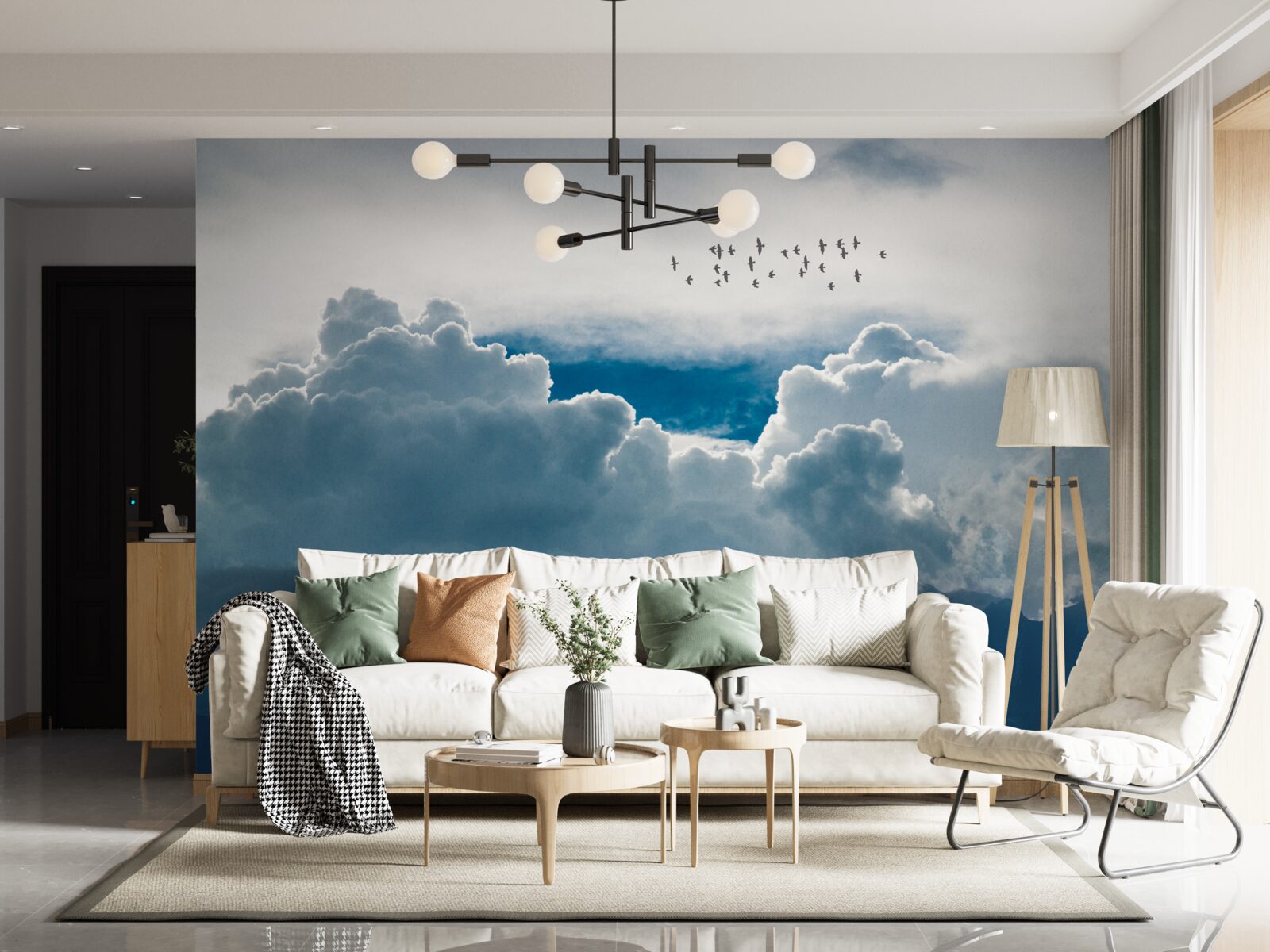 Fototapet grup de păsări deasupra norilor groși