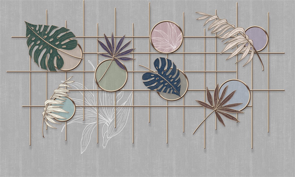 Fototapet frunze de plante tropicale pe o grilă de aur