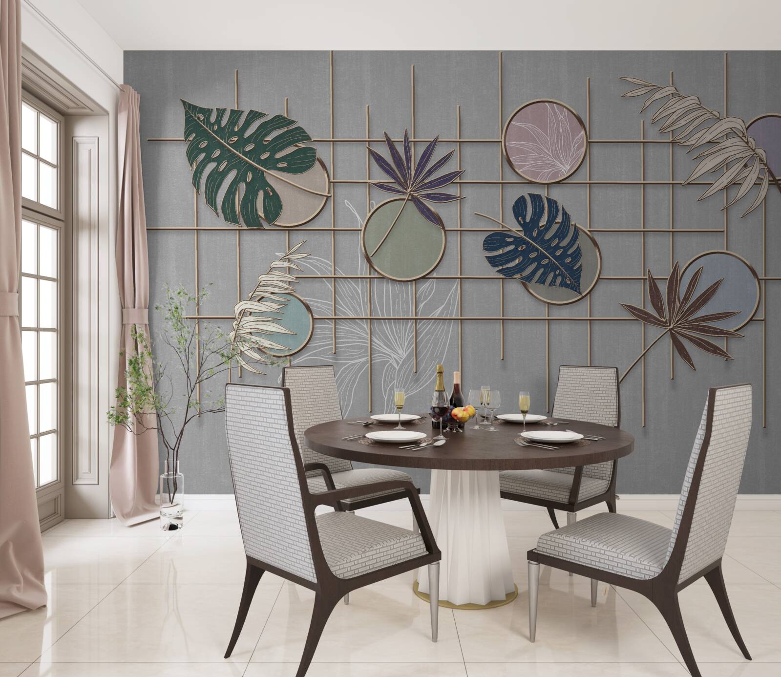 Fototapet frunze de plante tropicale pe o grilă de aur