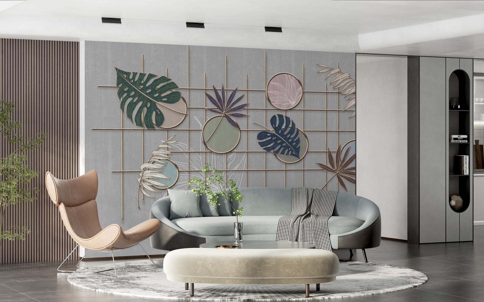 Fototapet frunze de plante tropicale pe o grilă de aur