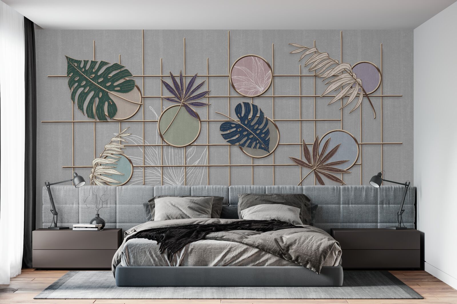 Fototapet frunze de plante tropicale pe o grilă de aur