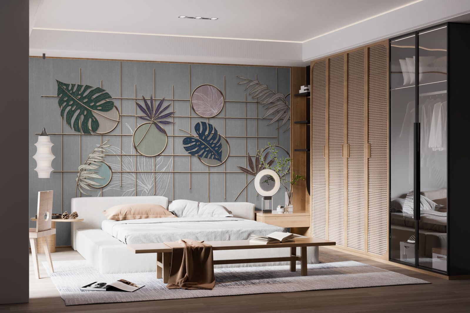 Fototapet frunze de plante tropicale pe o grilă de aur