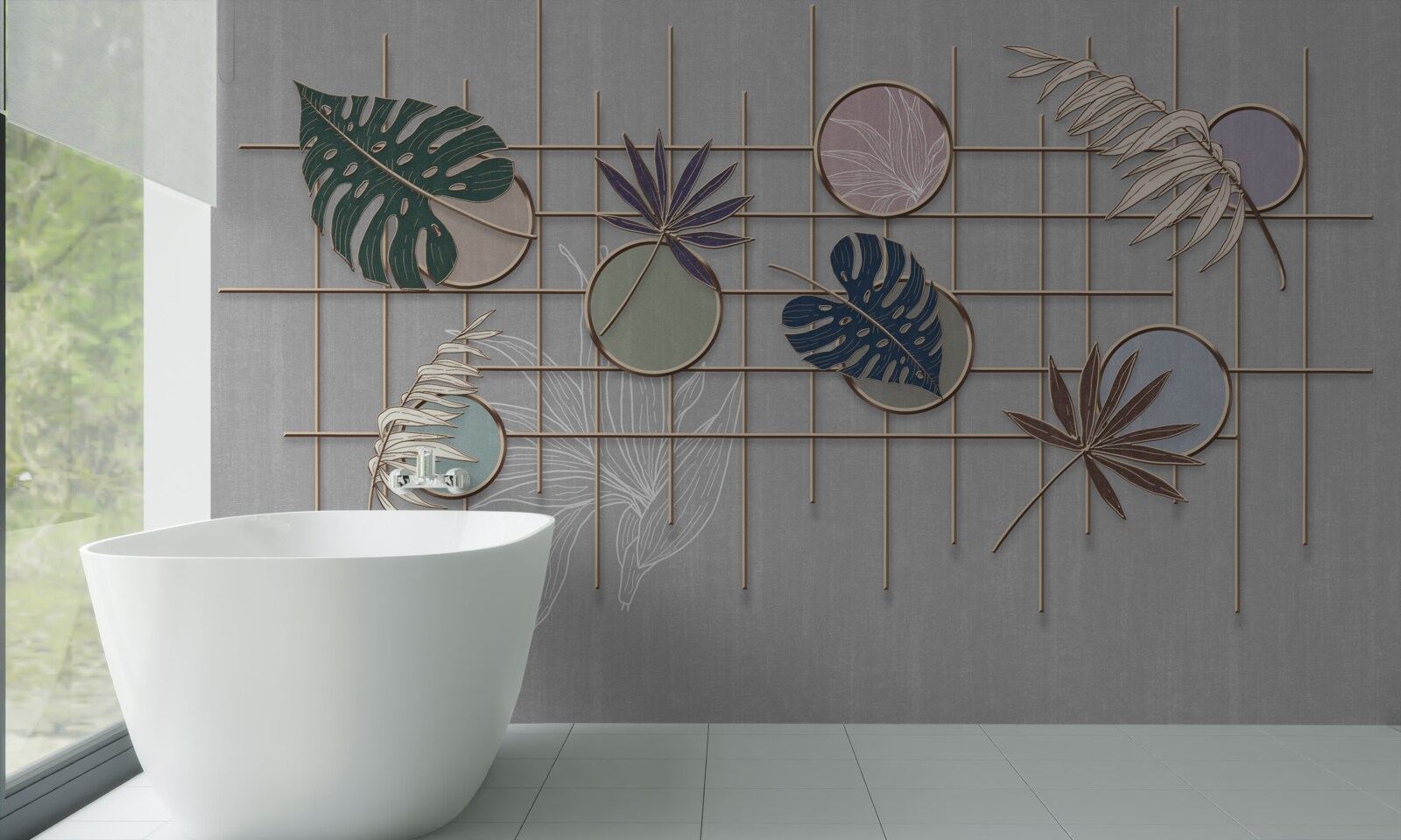 Fototapet frunze de plante tropicale pe o grilă de aur