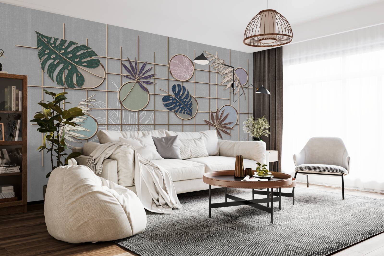 Fototapet frunze de plante tropicale pe o grilă de aur