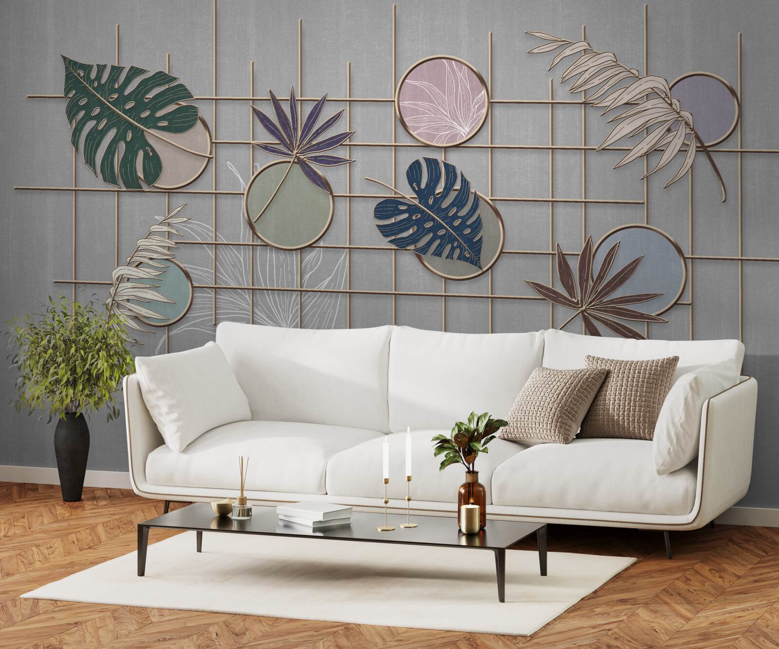 Fototapet frunze de plante tropicale pe o grilă de aur