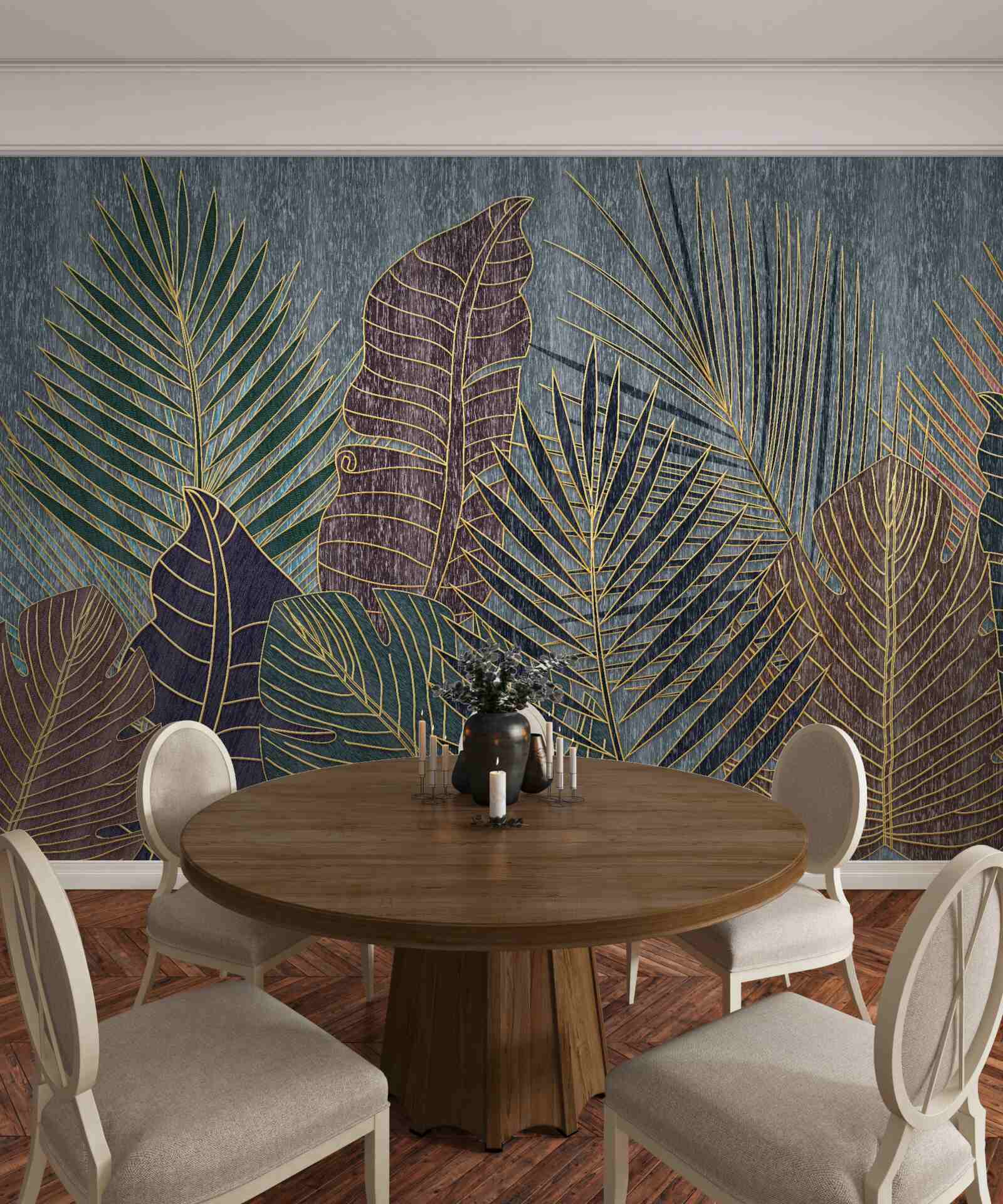 Fototapet apus de soare într-o pădure tropicală învăluită în abstracție