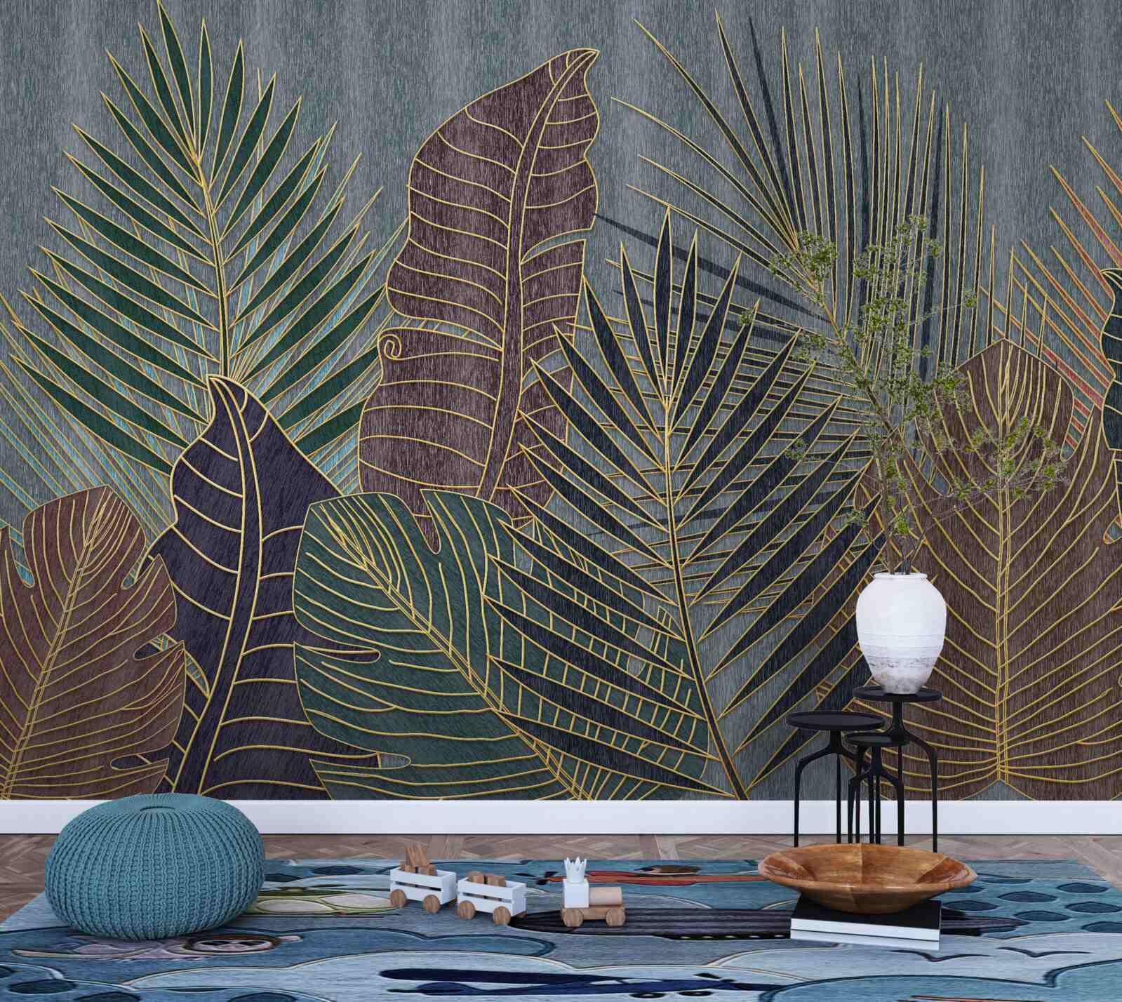 Fototapet apus de soare într-o pădure tropicală învăluită în abstracție