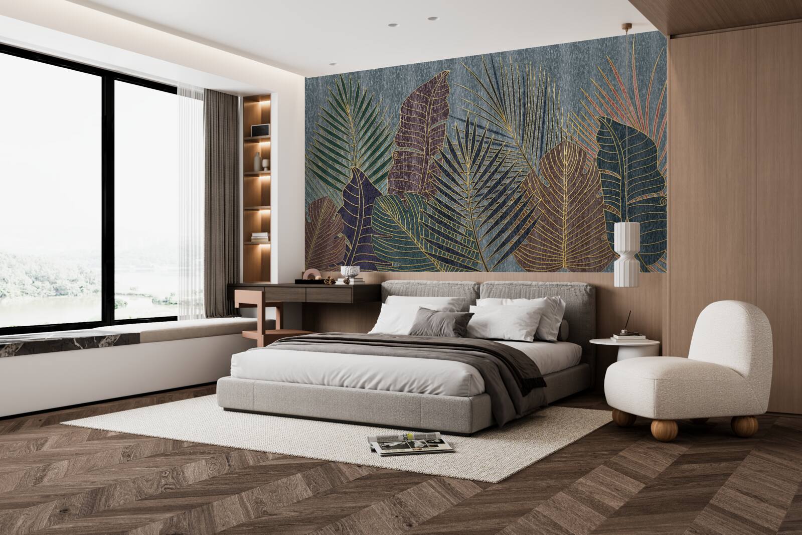 Fototapet apus de soare într-o pădure tropicală învăluită în abstracție