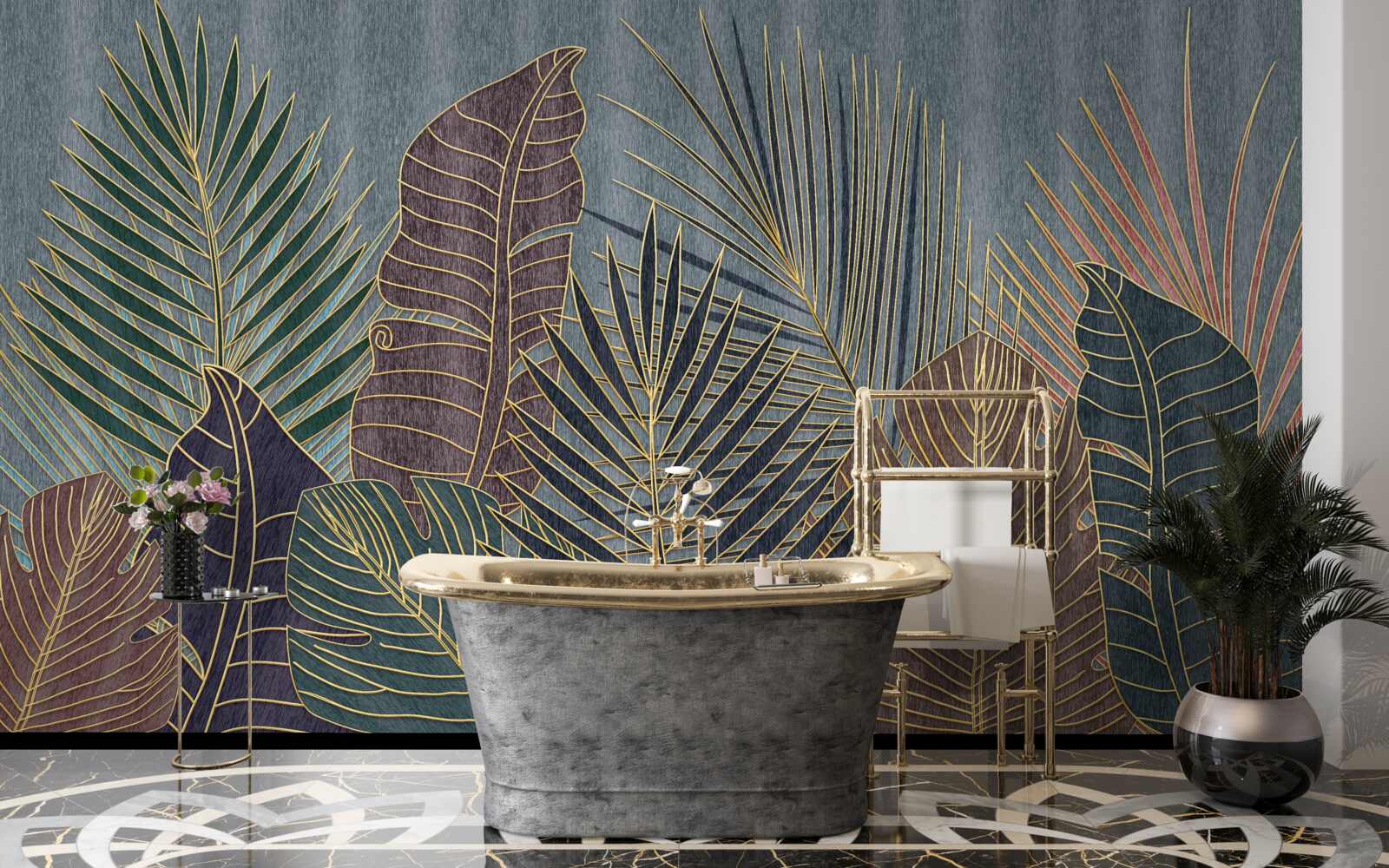 Fototapet apus de soare într-o pădure tropicală învăluită în abstracție