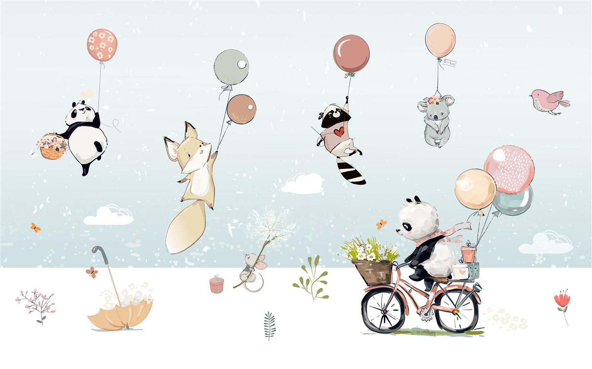 Fototapet biciclete panda și animale bubble