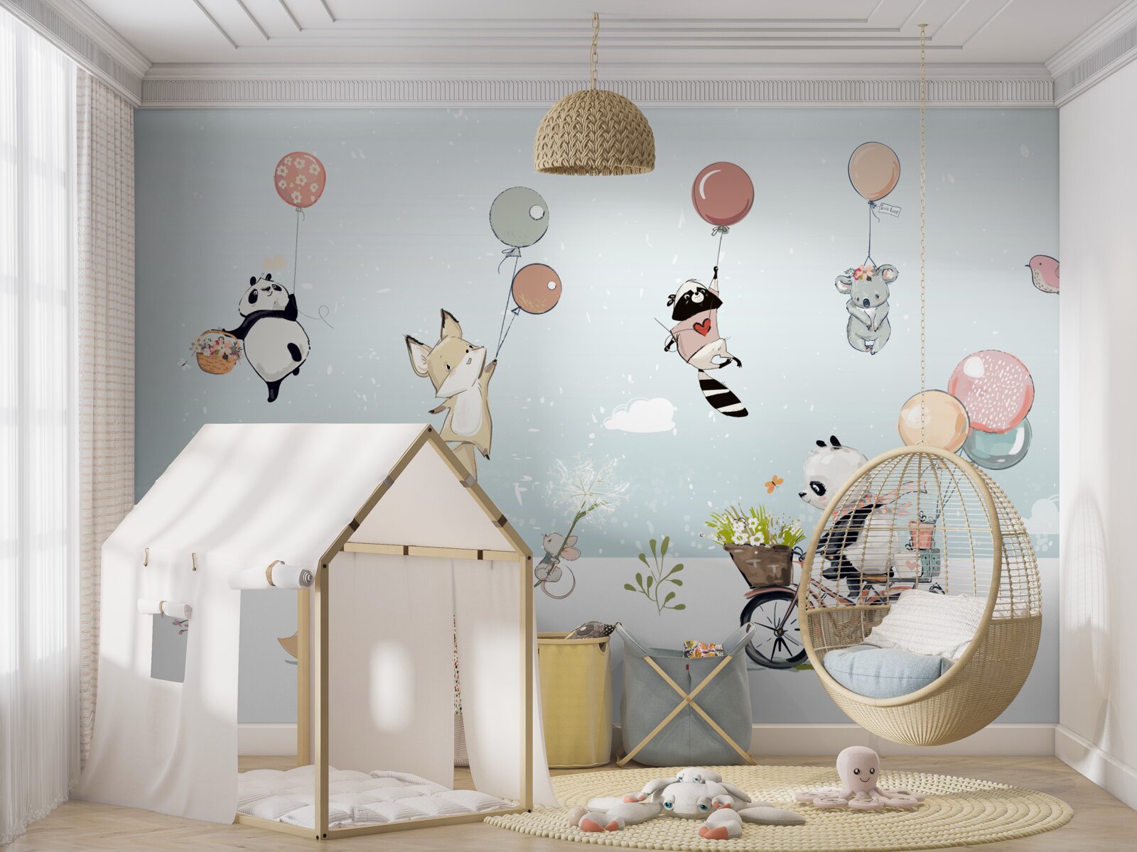 Fototapet biciclete panda și animale bubble