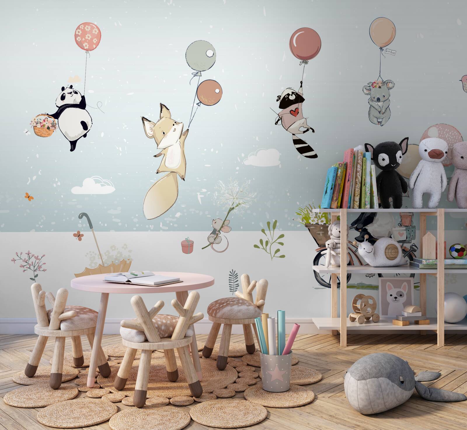 Fototapet biciclete panda și animale bubble