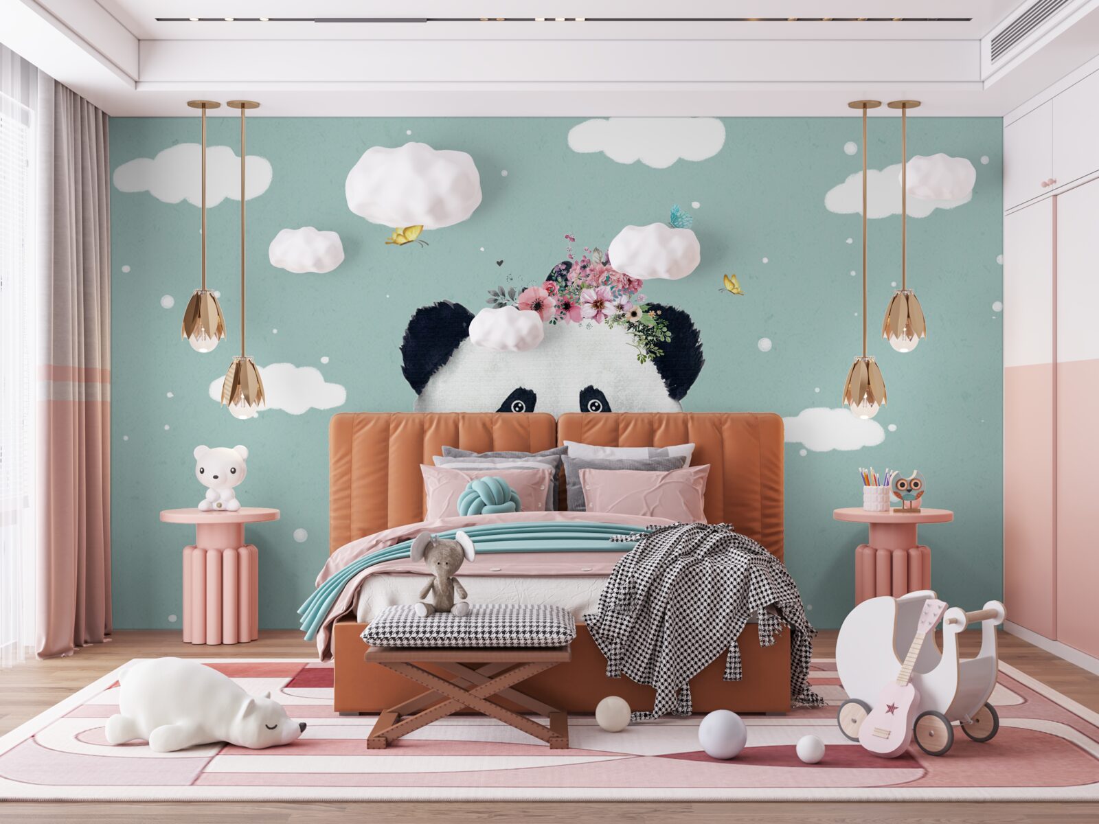 Fototapet norii au devenit fundalul pentru un panda cu flori