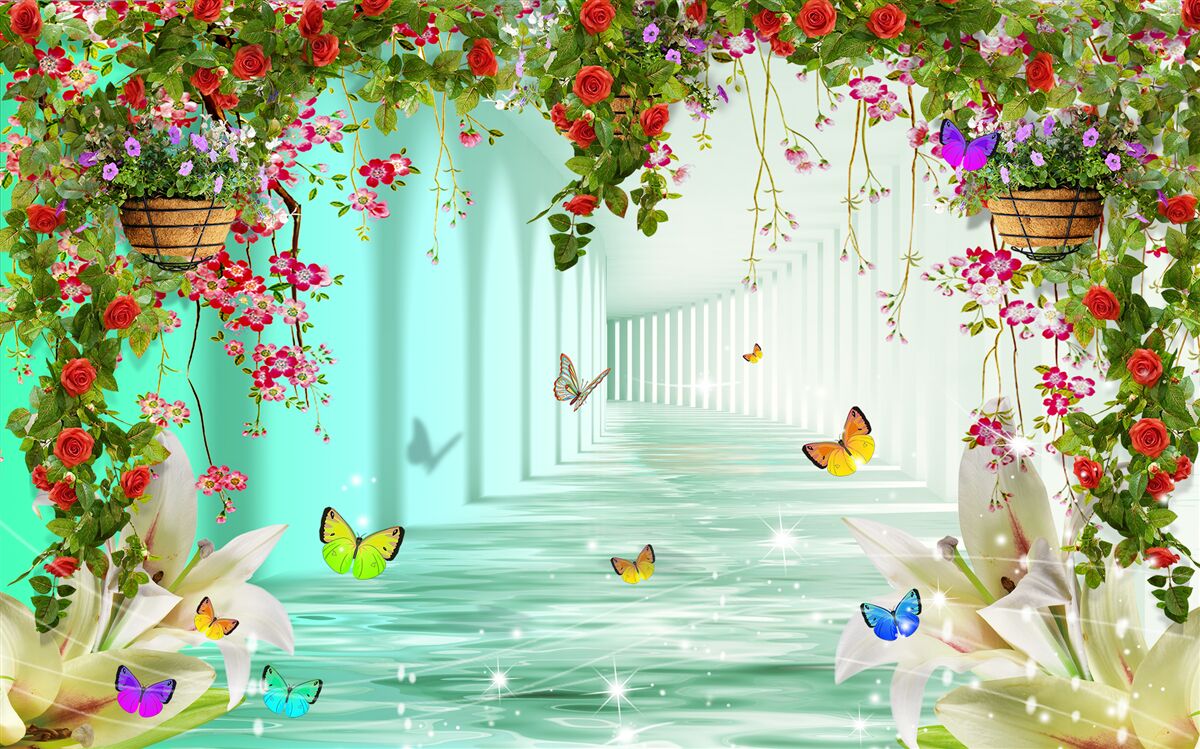 Fototapet fluturi și flori de primăvară în tunel