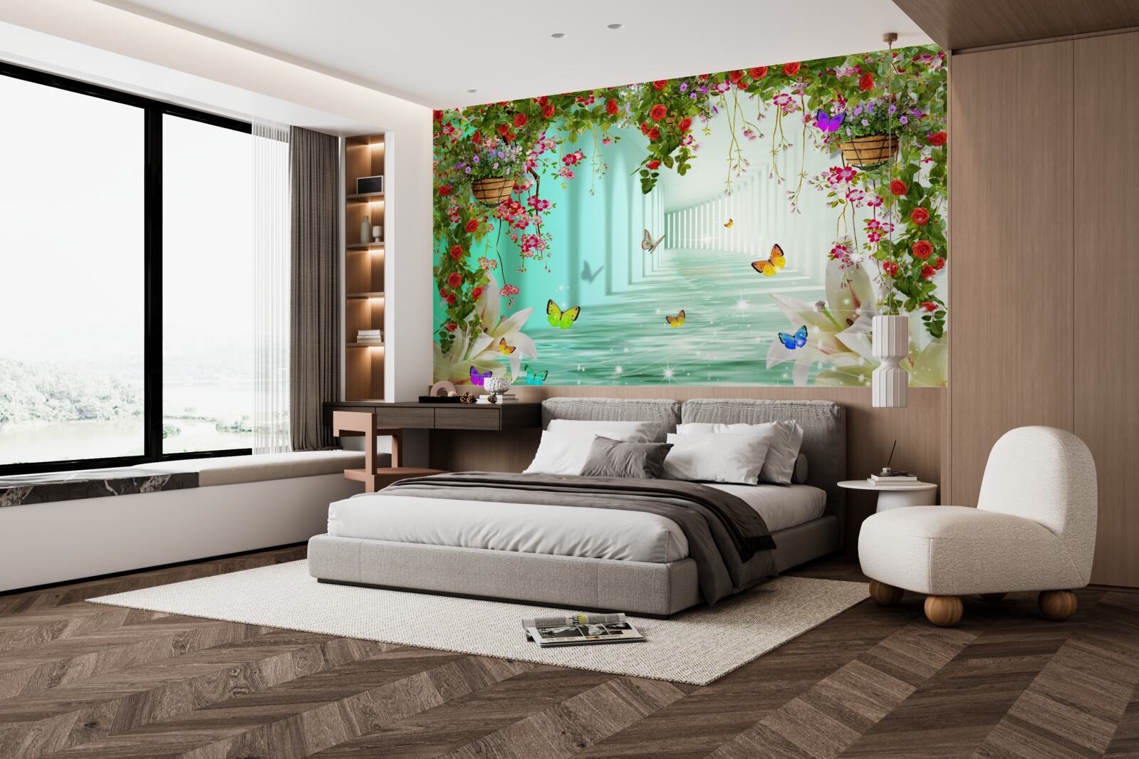 Fototapet fluturi și flori de primăvară în tunel