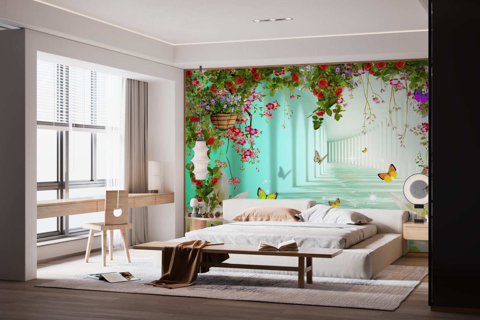 Fototapet fluturi și flori de primăvară în tunel